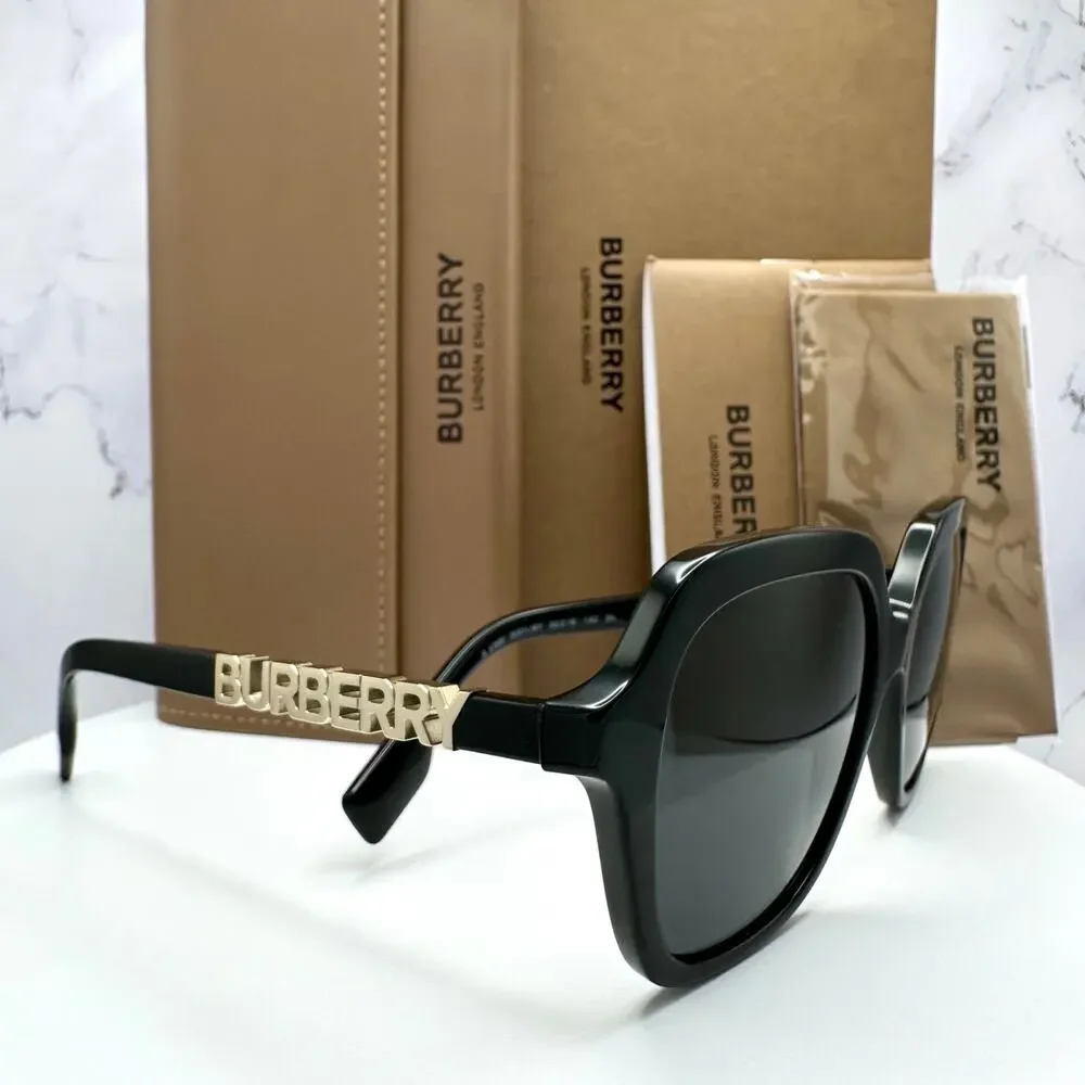 New Burberry Sunglasses Black Square Gold Metal Cut Out BURBERRY Logo Womens
